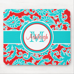 Monogrammed Blue Red White Damask Mousepad