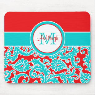 Monogrammed Blue Red White Damask Mousepad