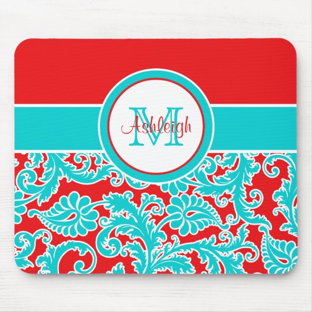 Monogrammed Blue Red White Damask Mousepad (Front)