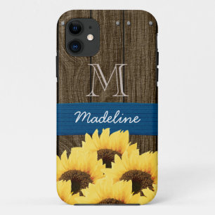 MONOGRAMMED BLUE RUSTIC SUNFLOWER iPhone 11 CASE
