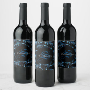 Monogrammed Blue Shimmer Floral  Wine Label