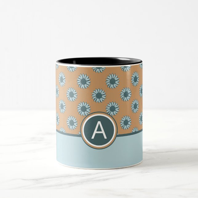 Monogrammed Blue Sunflowers Two-Tone Coffee Mug (Monogrammed Blue Sunflowers Two-Tone Coffee Mug from Studio Posies. )