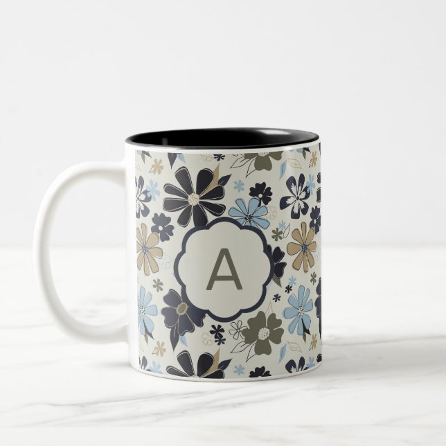 Monogrammed Blue Tan Flowers Outlined Floral Print Two-Tone Coffee Mug (Left)