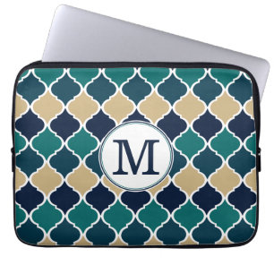 Monogrammed Blue Tan Moroccan Lattice Pattern Laptop Sleeve