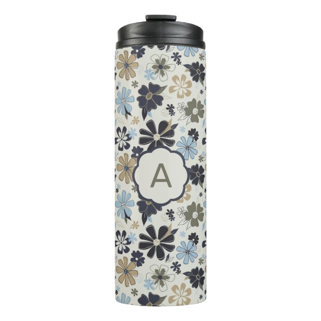 Monogrammed Blue Tan Olive Outline Flowers Floral Thermal Tumbler (Front)