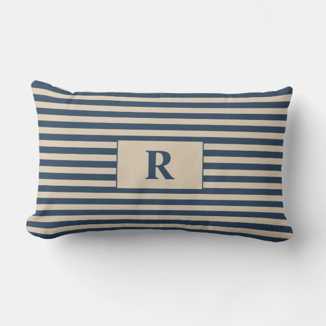 Monogrammed Blue/Vanilla Stripes Lumbar Cushion (Front)