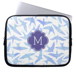 Monogrammed Blue Watercolor Birds Pattern Laptop Sleeve