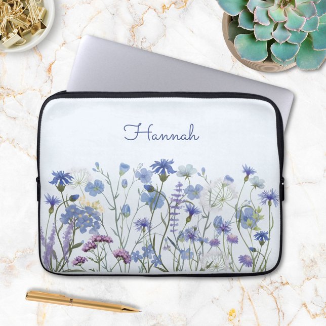 Monogrammed Blue Watercolor Wildflower Garden Laptop Sleeve (In situ)
