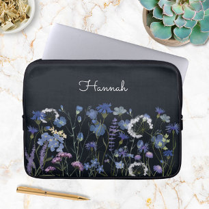 Monogrammed Blue Watercolor Wildflower Garden Laptop Sleeve