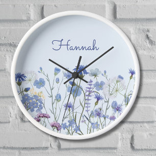 Monogrammed Blue Watercolor Wildflower Meadow Clock