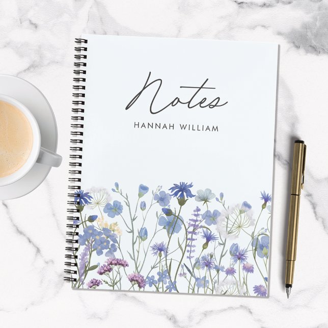 Monogrammed Blue Watercolor Wildflower Meadow Notebook (In situ marble table)