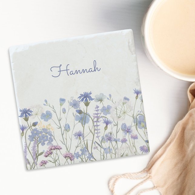 Monogrammed Blue Watercolor Wildflower Meadow Stone Coaster (In situ)
