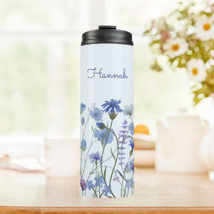 Monogrammed Blue Watercolor Wildflower Meadow Thermal Tumbler