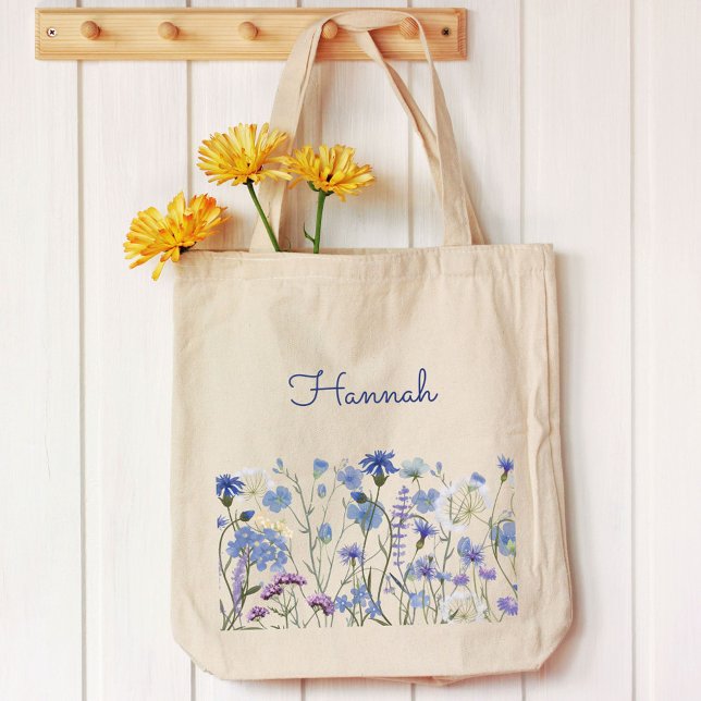 Monogrammed Blue Watercolor Wildflower Meadow Tote Bag (In situ)
