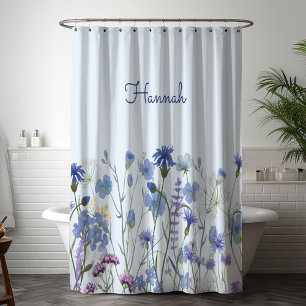 Monogrammed Blue Watercolor Wildflower Nursery Shower Curtain