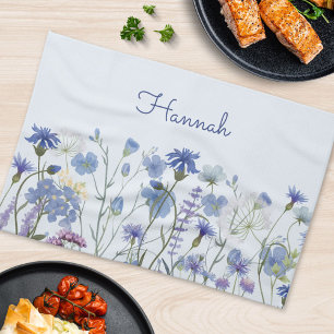 Monogrammed Blue Watercolor Wildflower Tea Towel