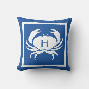 Monogrammed  Blue White Crab Nautical Outdoor Pill Cushion
