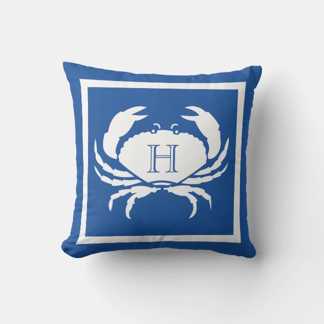 Monogrammed  Blue White Crab Nautical Outdoor Pill Cushion (Front)