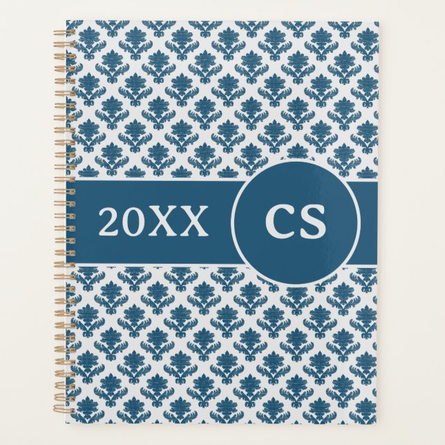 Monogrammed Blue & White French Tapestry Planner (Front)