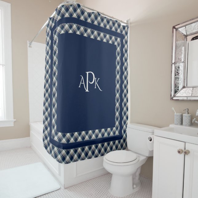 Monogrammed Blue, White, Multi Thread Plaid Shower Curtain (In Situ)