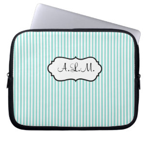 Monogrammed Blue, White Striped Laptop Sleeve