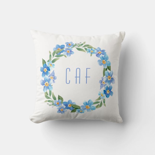 Monogrammed Blue Yellow Floral Wreath Cushion (Front)