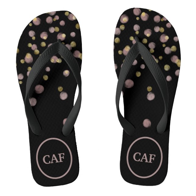 Monogrammed Blush and Gold Overlay on Black Thongs (Footbed)