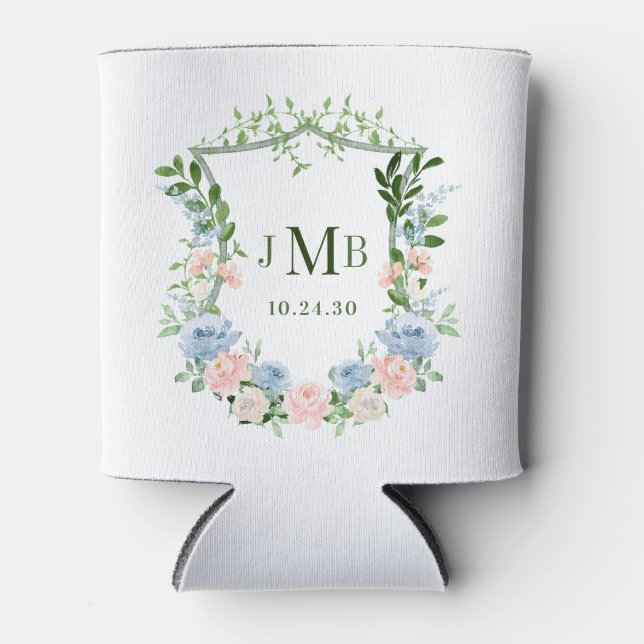 Monogrammed Blush Blue Floral Crest Wedding Can Cooler (Front)