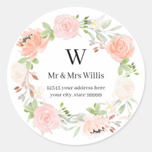 Monogrammed Blush Ivory Rose Flower Return Address Classic Round Sticker