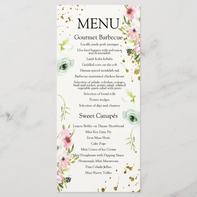 Monogrammed Blush & White roses & gold splashes  Menu (Front)