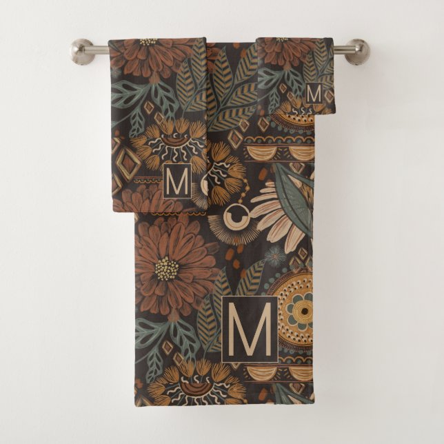 Monogrammed Boho florals Leaves Jungle Bath Towel Set (Insitu)