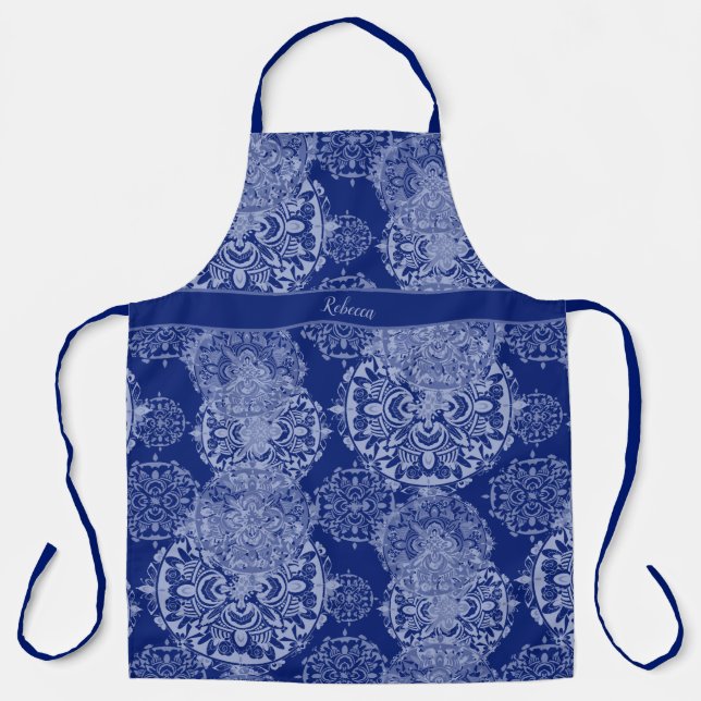 Monogrammed Boho Moody Blues Mandalas Apron (Front)