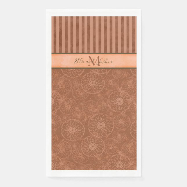 Monogrammed Boho Orange & Brown Geometric Stripe  Napkin (Front)