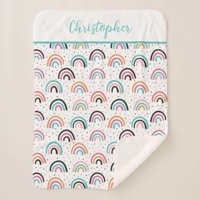 Monogrammed Boho Rainbows Teal Orange  Sherpa Blanket (Front)