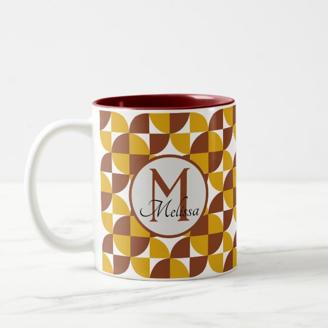 Monogrammed boho style colourful geometric pattern Two-Tone coffee mug (Left)
