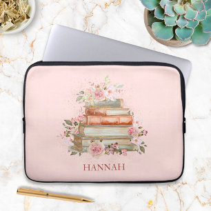 Monogrammed Books and Vintage Pink Roses Laptop Sleeve