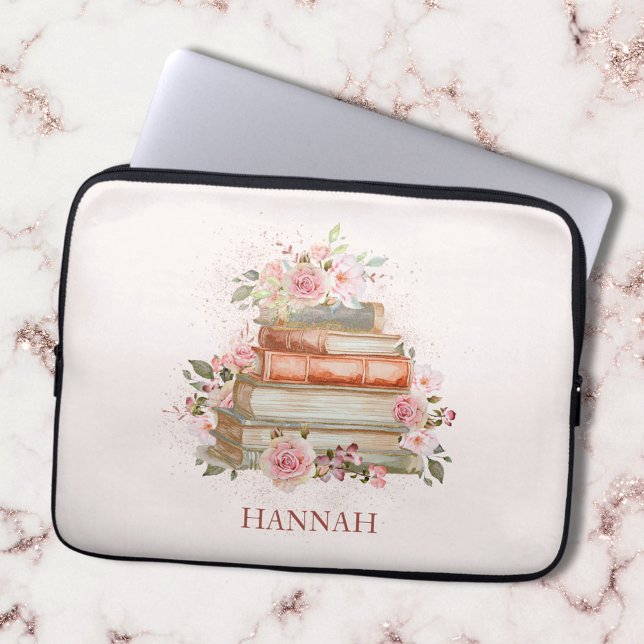 Monogrammed Books and Vintage Pink Roses Laptop Sleeve (Close up)