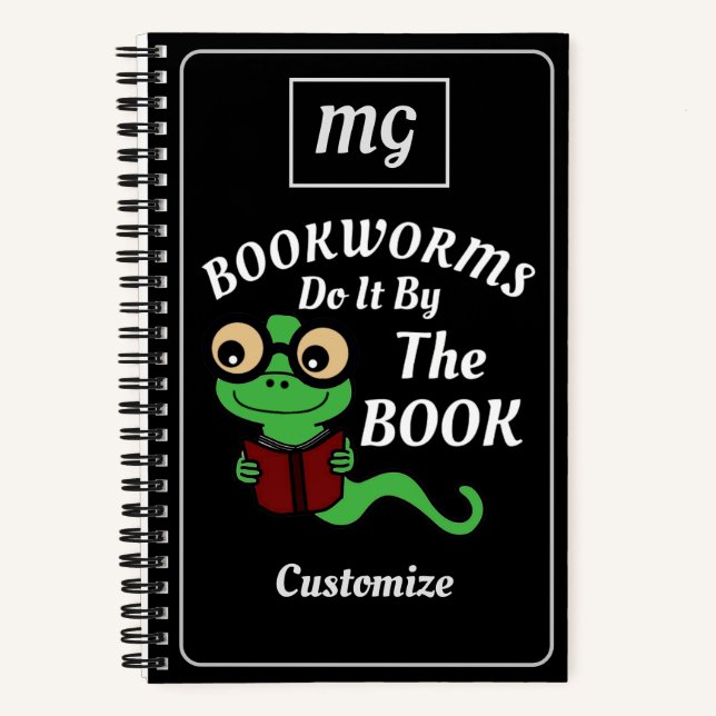 Monogrammed Bookworm Humour Black Custom Notebook (Front)