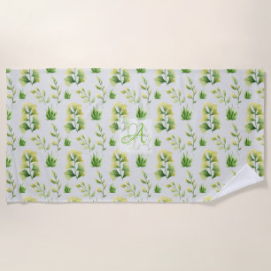 Monogrammed Botanical Leaves Watercolor Green Deco Beach Towel