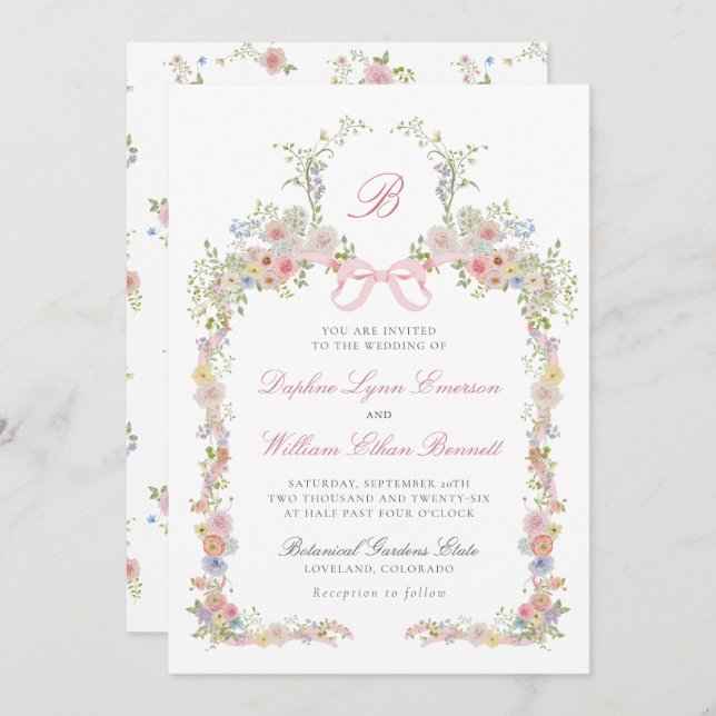 Monogrammed Bows and Wildflowers Wedding Invitation (Front/Back)