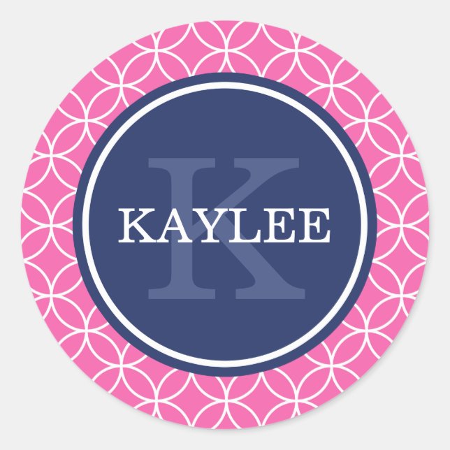 Monogrammed Bright Pink Circle Petal Pattern Classic Round Sticker (Front)