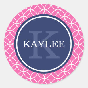 Monogrammed Bright Pink Circle Petal Pattern Classic Round Sticker