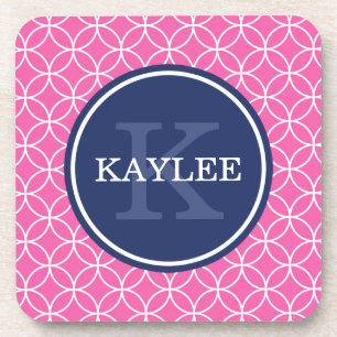 Monogrammed Bright Pink Circle Petal Pattern Coaster