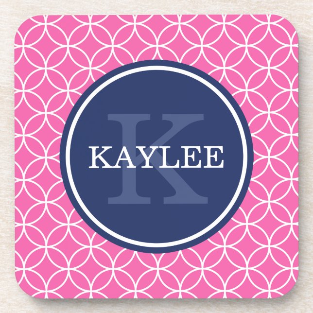 Monogrammed Bright Pink Circle Petal Pattern Coaster (Front)