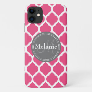 Monogrammed Bright Pink & Grey Quatrefoil iPhone 11 Case
