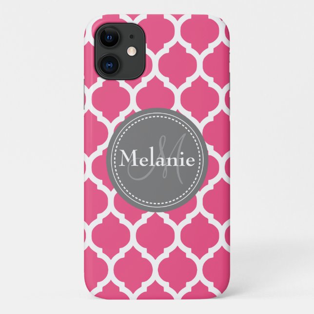 Monogrammed Bright Pink & Grey Quatrefoil Case-Mate iPhone Case (Back)
