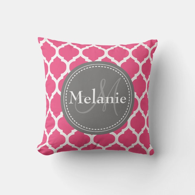 Monogrammed Bright Pink & Grey Quatrefoil Cushion (Front)
