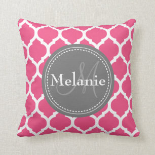 Monogrammed Bright Pink & Grey Quatrefoil Cushion