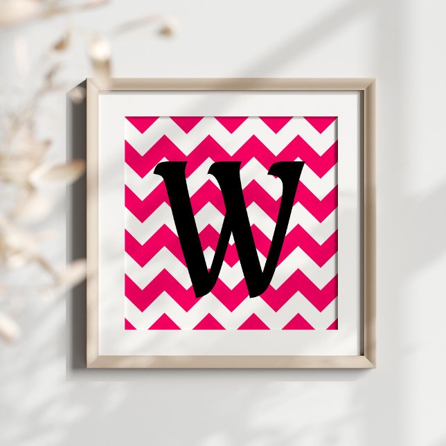 Monogrammed Bright Pink Zigzag Poster (Create your own monogrammed poster.)