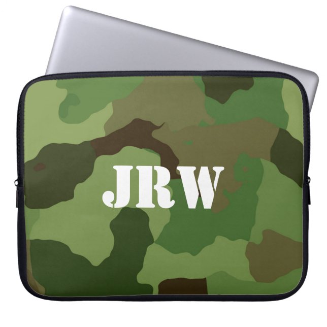 Monogrammed Brown and Green Camouflage Laptop Sleeve (Front)